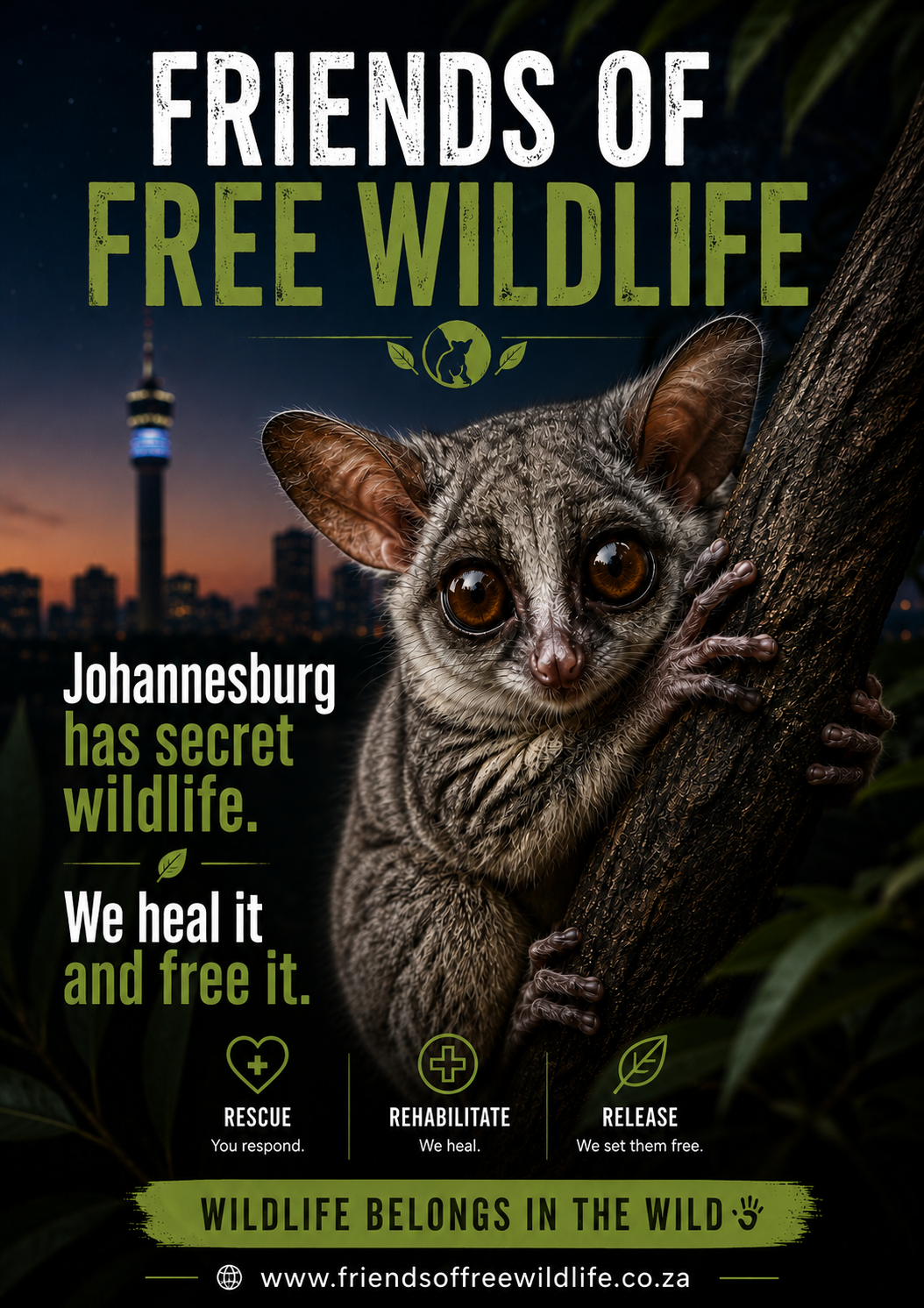 Bush baby poster — Johannesburg has secret wildlife. We heal it and free it.